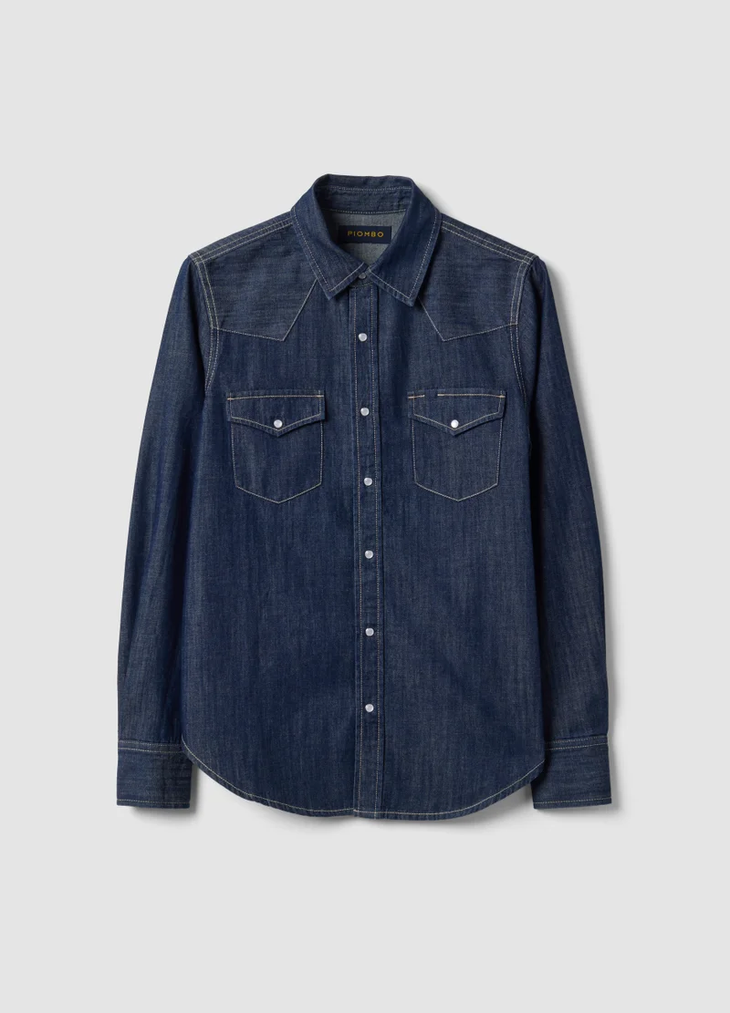 او في اس OVS Dark Blue Pure Cotton Denim Shirt, Regular Fit