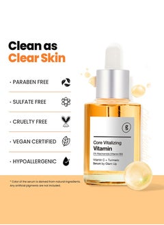 Glam Up GLAM UP Core Vitalizing Vitamin-C Niacinamide 5% Serum - Hyaluronic Acid, Vitamin-C-B3 for Facial Brightening Clearing Serum, Anti Aging and Improve Skin Tone, Vegan & Cruelty Free 30ml (1.12 Fl Oz)  - Image 3