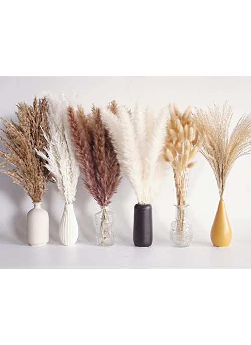 Bannifll 110 PCS Dried Pampas Grass Bouquet Boho Table Decor Bunny Tails Dried Flowers Brown Pompas White Pampas Grass for Wedding Home Rustic Party Baby Shower Decorations 