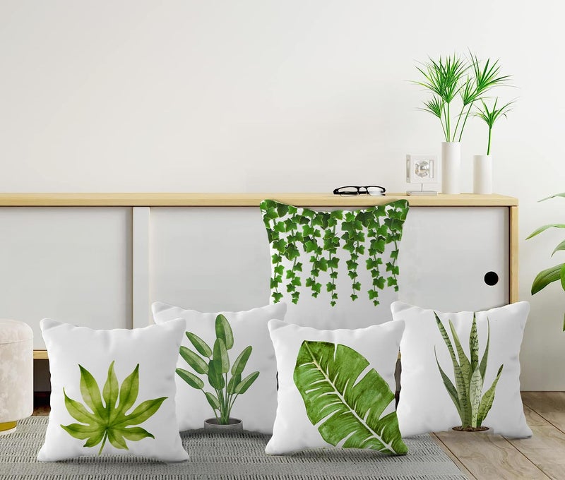 HOOPY Canvas Set of 5 Designer Decorative Throw Pillow/Cushion Covers (16 Inch X 16 Inch, White Tropical Plant Print), 100 TC - Image 1