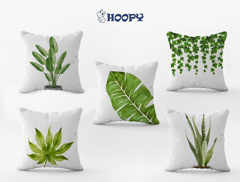 HOOPY Canvas Set of 5 Designer Decorative Throw Pillow/Cushion Covers (16 Inch X 16 Inch, White Tropical Plant Print), 100 TC - Image 4