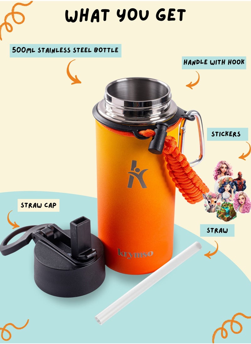KRYMSO KRYMSO, 500ml Water Bottle, Stainless Steel Water Bottle, Water Bottle for Kids Water Bottle with Straw, Thermos, Insulated Water Bottle, Water 500ml with Ai Stickers  - Image 2