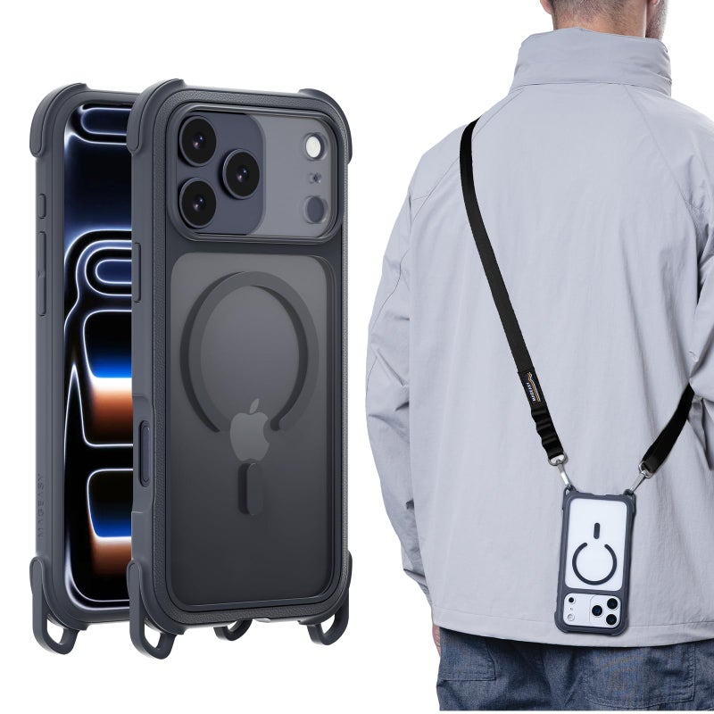 MAGEASY Compatible with iPhone 17 Pro Max 6.9" Case with Strap - 20ft Drop Protection Compatible with MagSafe, Leather Embedded Frame | Odyssey Strap M (Leatherette Midnight) - Image 1