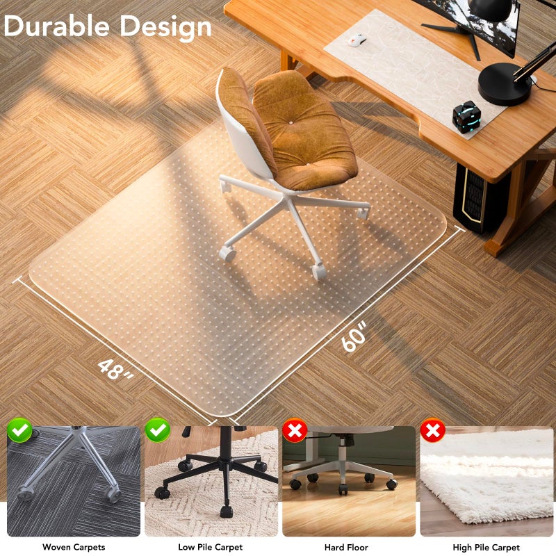 KIOORE Office Chair Mat for Low Pile Carpet with Lip, 48" x 60" Clear Plastic Floor Protector, Heavy Duty Desk Chair Mat for Rolling Chairs, Smooth Glide Computer Mat for Home Office - Image 2