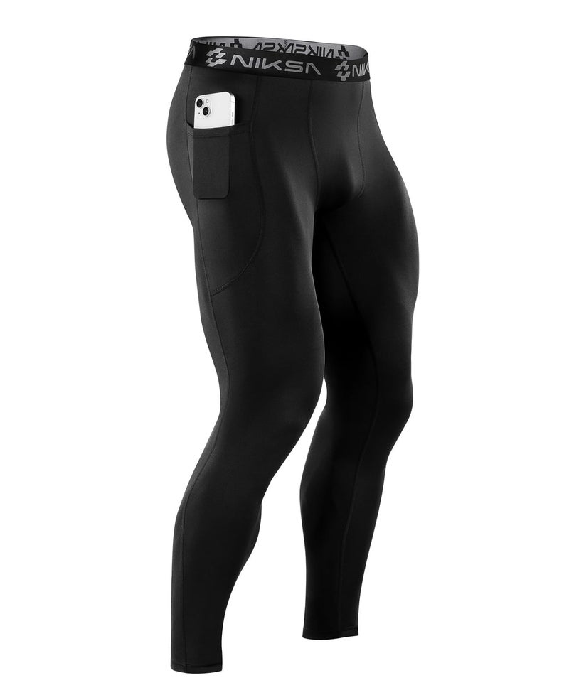 Niksa 1/3 Pack Men's Compression Pants with Pocket, Performance Athletic Sports Leggings & Gym Tights for Running Yoga Basketball Workout Sports Black - Image 1