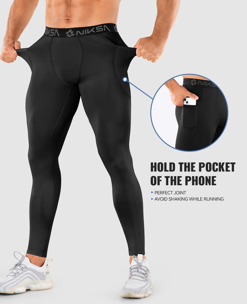 Niksa 1/3 Pack Men's Compression Pants with Pocket, Performance Athletic Sports Leggings & Gym Tights for Running Yoga Basketball Workout Sports Black - Image 3