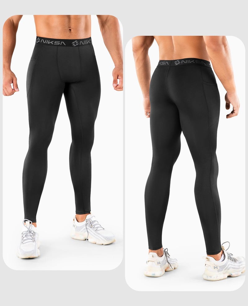 Niksa 1/3 Pack Men's Compression Pants with Pocket, Performance Athletic Sports Leggings & Gym Tights for Running Yoga Basketball Workout Sports Black - Image 2