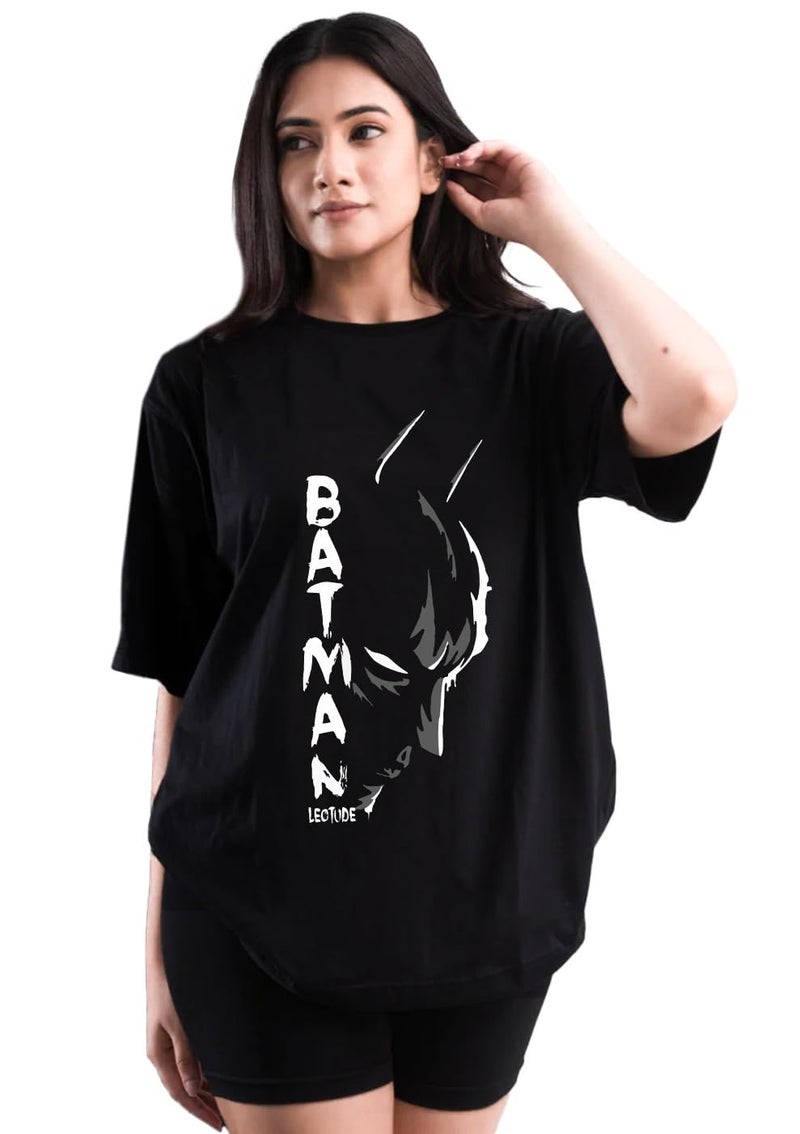 LEOTUDE Womens Oversized Round Neck Cottonblend Half Sleeve T-Shirts (GRL_FS49_Black_Batman_P_Black_L) - Image 1