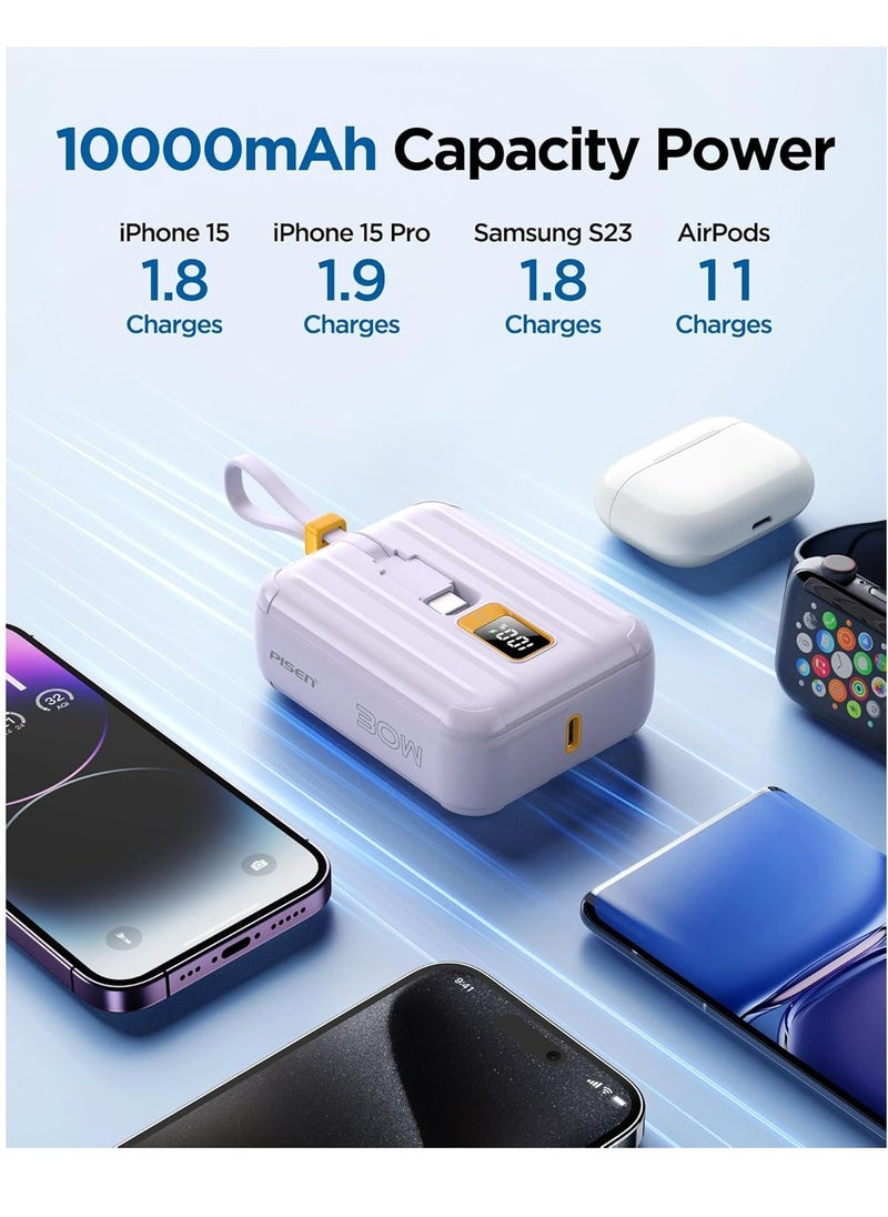 Pisen - 10000mAh Portable Power Bank - Fast Charger with Built-in USB Cables, 30W High Speed Charging USB C Battery Pack, Mini LED Display Powerbank for iPhone 16/15/14/13/12 Pro/Pro Max/Plus Samsung and Other Devices - Image 1
