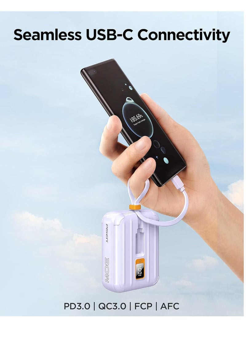 Pisen - 10000mAh Portable Power Bank - Fast Charger with Built-in USB Cables, 30W High Speed Charging USB C Battery Pack, Mini LED Display Powerbank for iPhone 16/15/14/13/12 Pro/Pro Max/Plus Samsung and Other Devices - Image 1