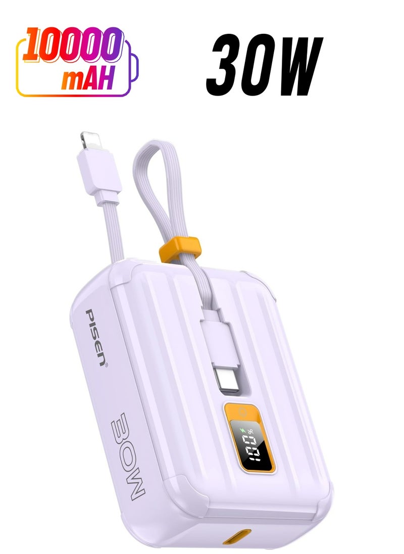 Pisen - 10000mAh Portable Power Bank - Fast Charger with Built-in USB Cables, 30W High Speed Charging USB C Battery Pack, Mini LED Display Powerbank for iPhone 16/15/14/13/12 Pro/Pro Max/Plus Samsung and Other Devices - Image 1