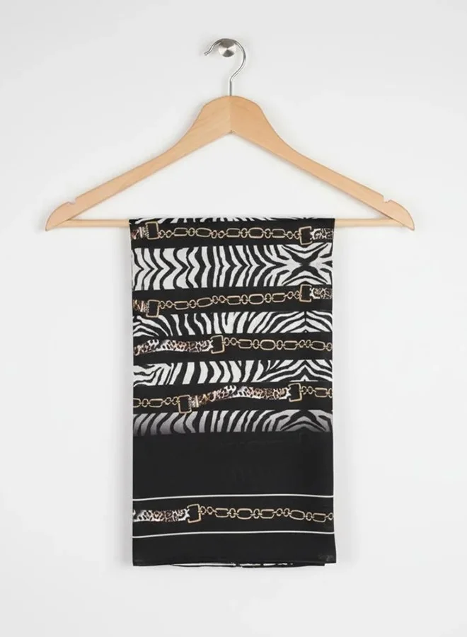 lamha abaya Zebra Art Scarf – Chiffon with a Pattern Combining Zebra and Leopard Prints with Golden Details