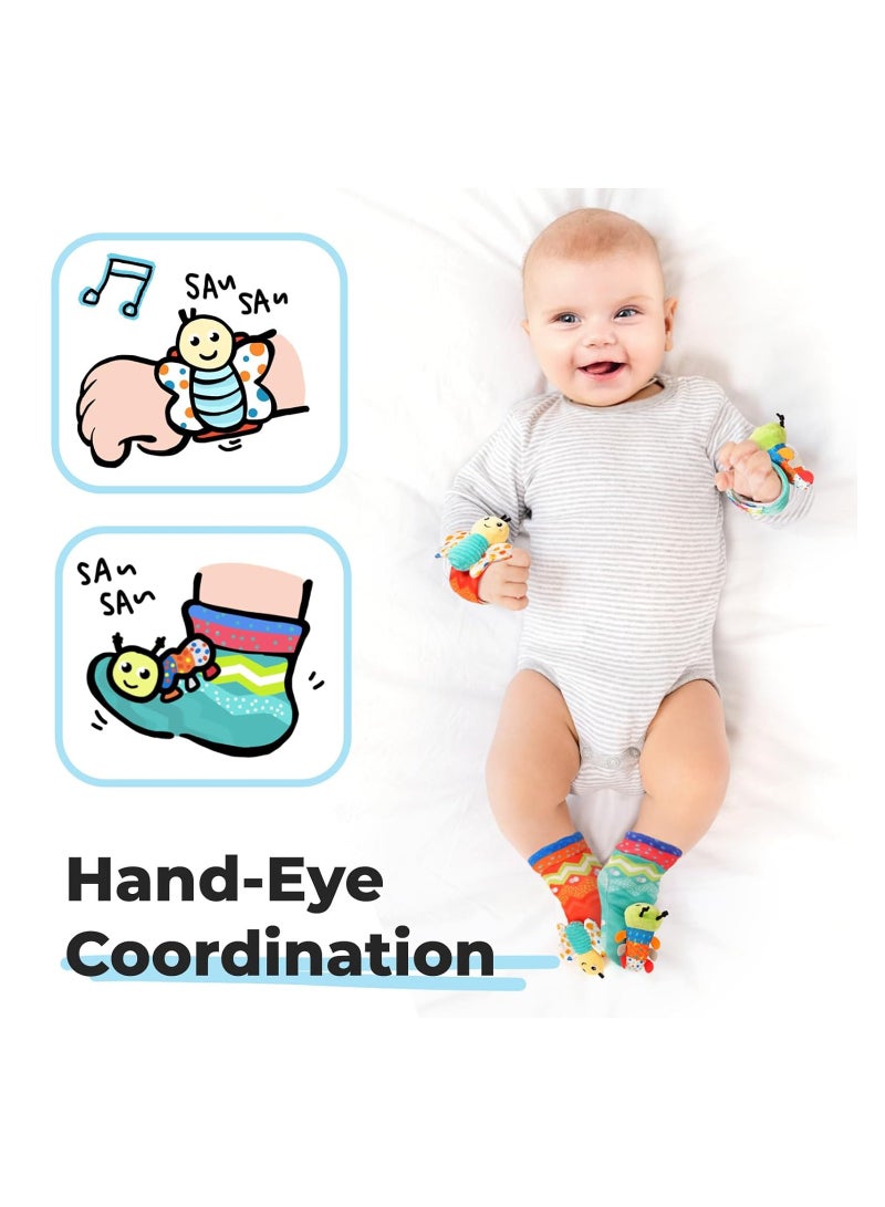 Caterpillar Baby Wrist Rattle Socks and Foot Finder Set, Soft Sensory Toys for Infants 0-6 Months, Cute Rattles for Newborn Boys and Girls, Ideal for Early Development and Playtime. - Image 5