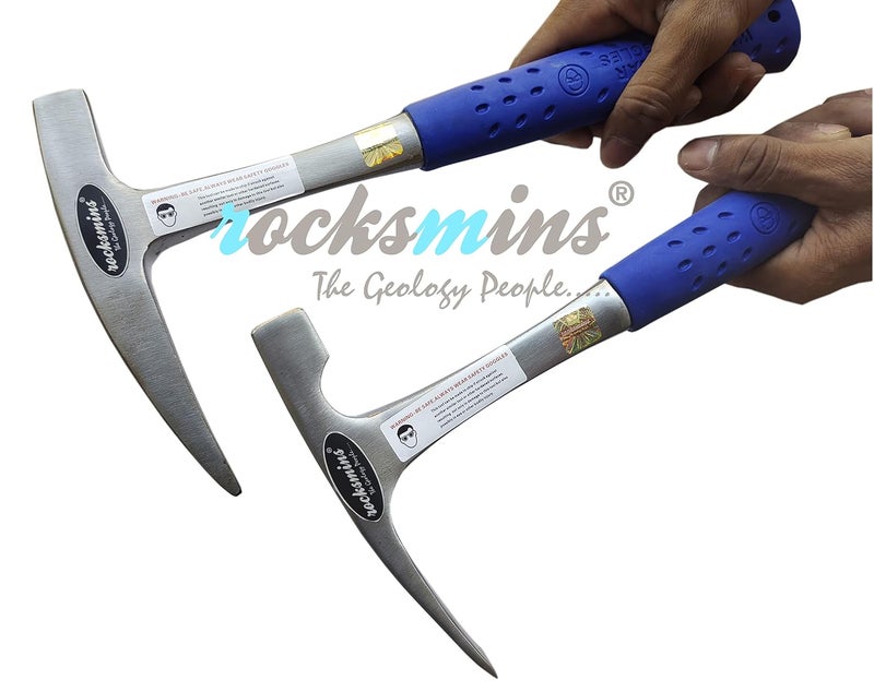 Rocksmins مطرقة جيولوجية زرقاء سوداء مجموعة إزميل ونقطة (2 قطعة) مستوردة 900-925 جرام تقريبًا 12 بوصة لكل منها مع مقبض مطاطي مقاوم للصدمات للجيولوجيين للتعدين مطرقة الطوب - Image 2