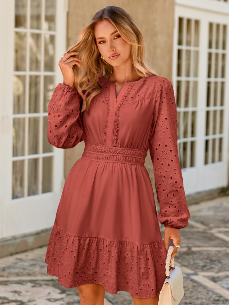 Simplee Womens Eyelet Long Sleeve Mini Dress 2025 Casual Boho Ruffle V Neck Empire Waist Country Western Dresses Wine Red - Image 2