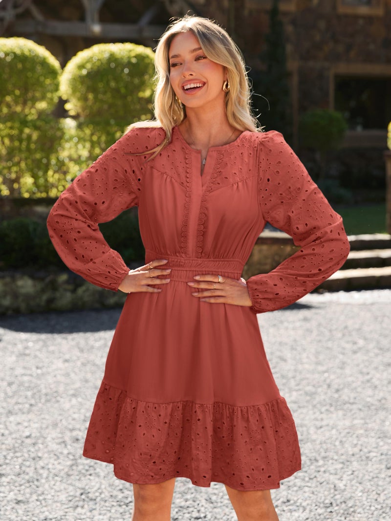 Simplee Womens Eyelet Long Sleeve Mini Dress 2025 Casual Boho Ruffle V Neck Empire Waist Country Western Dresses Wine Red - Image 3