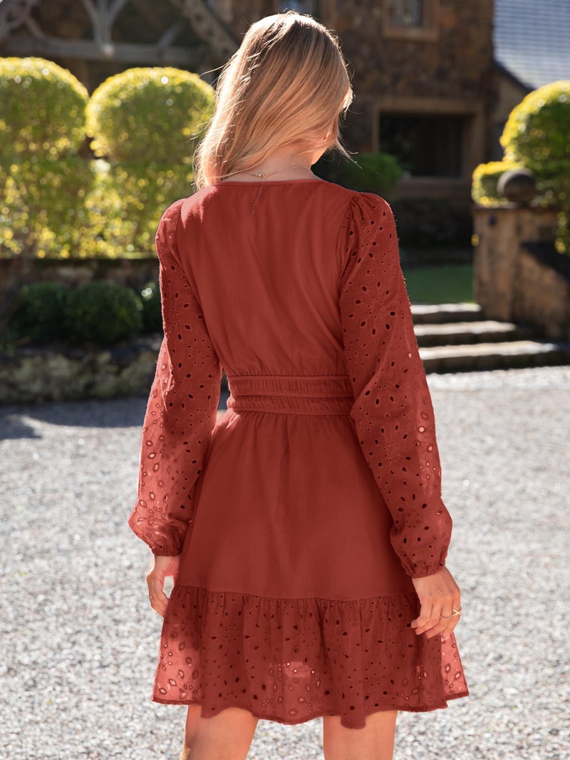 Simplee Womens Eyelet Long Sleeve Mini Dress 2025 Casual Boho Ruffle V Neck Empire Waist Country Western Dresses Wine Red - Image 4