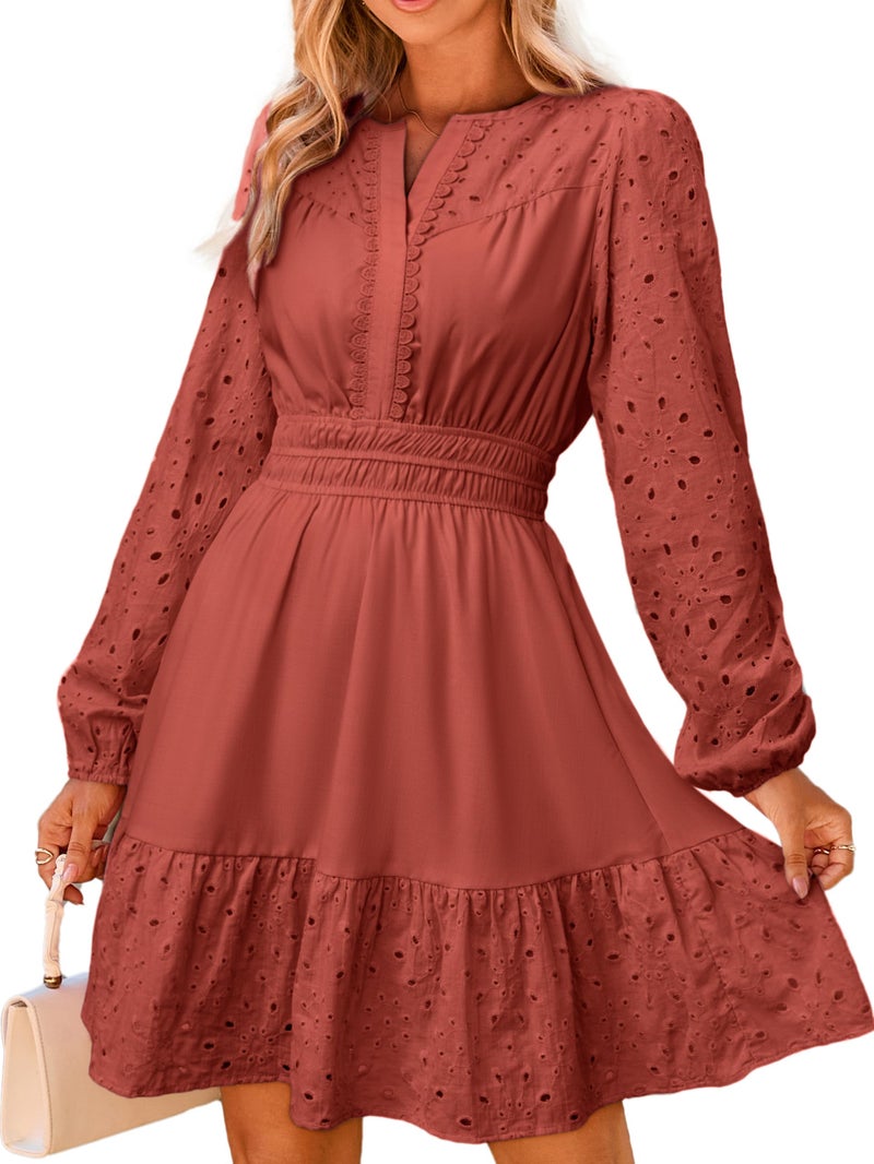Simplee Womens Eyelet Long Sleeve Mini Dress 2025 Casual Boho Ruffle V Neck Empire Waist Country Western Dresses Wine Red - Image 1