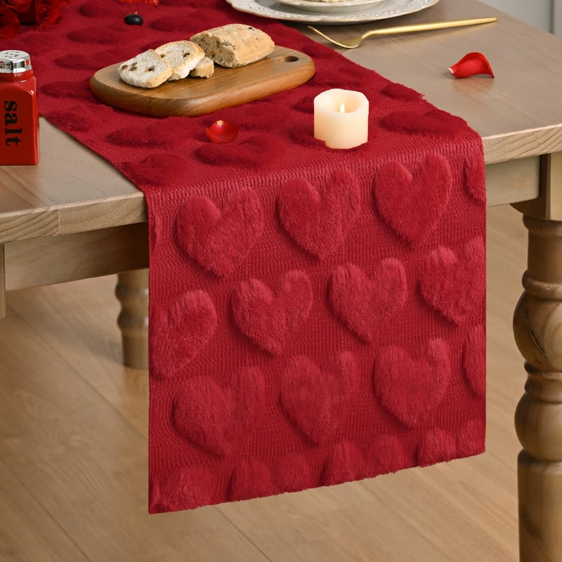 Artoid Mode Red Soft Plush Faux Fur Jacquard Love Heart Valentine's Table Runner, Kitchen Dining Table Decoration for Home Party Decor 13x72 Inch - Image 1