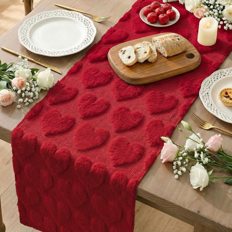 Artoid Mode Red Soft Plush Faux Fur Jacquard Love Heart Valentine's Table Runner, Kitchen Dining Table Decoration for Home Party Decor 13x72 Inch - Image 3