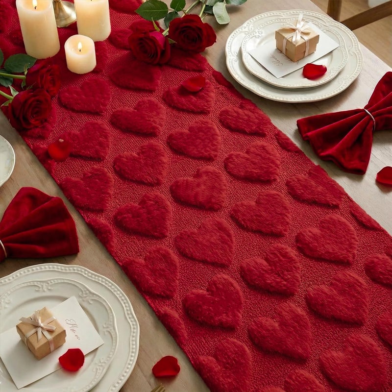 Artoid Mode Red Soft Plush Faux Fur Jacquard Love Heart Valentine's Table Runner, Kitchen Dining Table Decoration for Home Party Decor 13x72 Inch - Image 4