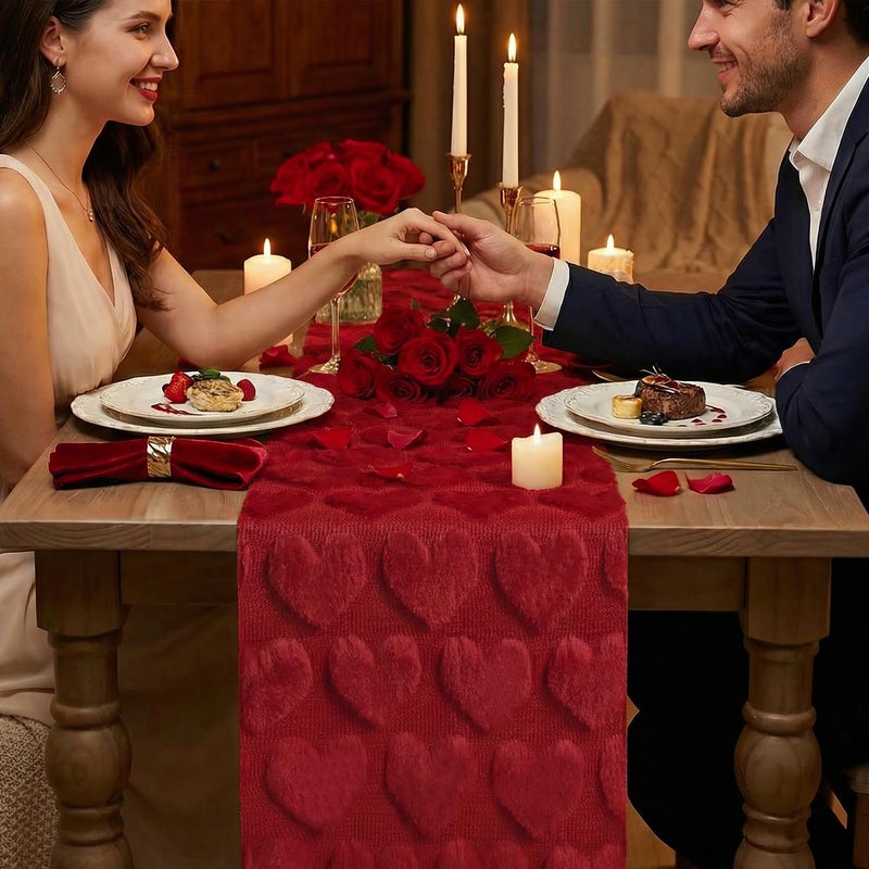 Artoid Mode Red Soft Plush Faux Fur Jacquard Love Heart Valentine's Table Runner, Kitchen Dining Table Decoration for Home Party Decor 13x72 Inch - Image 5