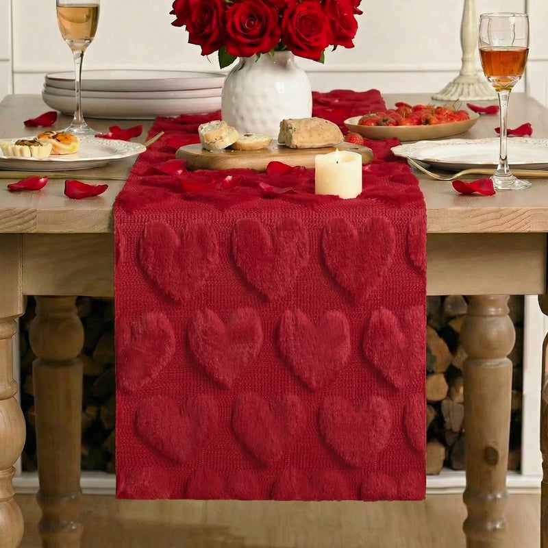 Artoid Mode Red Soft Plush Faux Fur Jacquard Love Heart Valentine's Table Runner, Kitchen Dining Table Decoration for Home Party Decor 13x72 Inch - Image 2