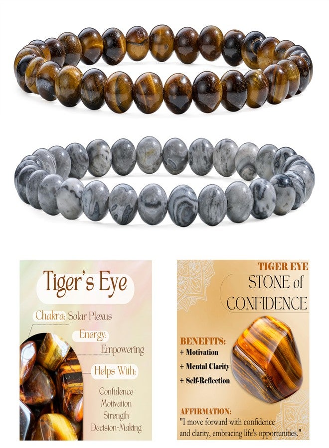 Bivei 2-Piece 6mm Beaded Bracelets for Women - Tiger Eye, Picasso Jasper - Handmade Natural Crystal Stretch Elastic Jewelry for Meditation, Yoga, Protection Gifts - Image 1
