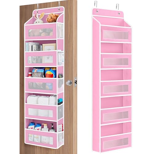JARLINK Over The Door Organizer Storage, 5 Shelf Hanging Door Organizer with 5 Large Capacity Pockets, Anti Tilt 44 lb Load Behind Door Storage for Bedroom, Bathroom, Pantry, Nursery, (Pink) - Image 1