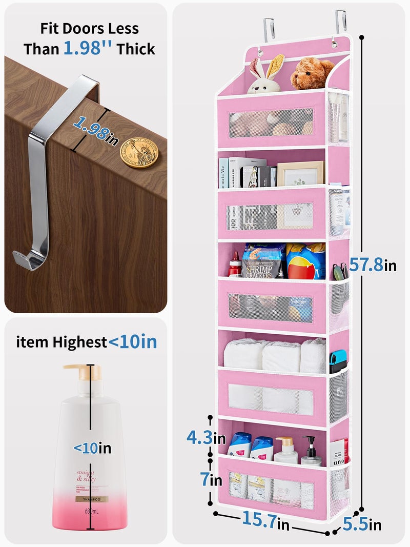 JARLINK Over The Door Organizer Storage, 5 Shelf Hanging Door Organizer with 5 Large Capacity Pockets, Anti Tilt 44 lb Load Behind Door Storage for Bedroom, Bathroom, Pantry, Nursery, (Pink) - Image 2