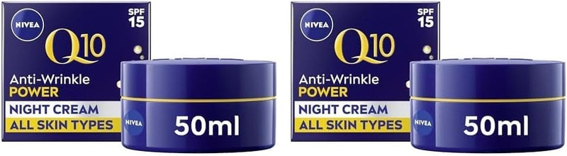 NIVEA Q10 AntiWrinkle Power Revitalising Night Cream 50ml AntiWrinkle Face Cream with Skin Identical Q10 and Creatine Regenerative Night Cream Pack of 2
