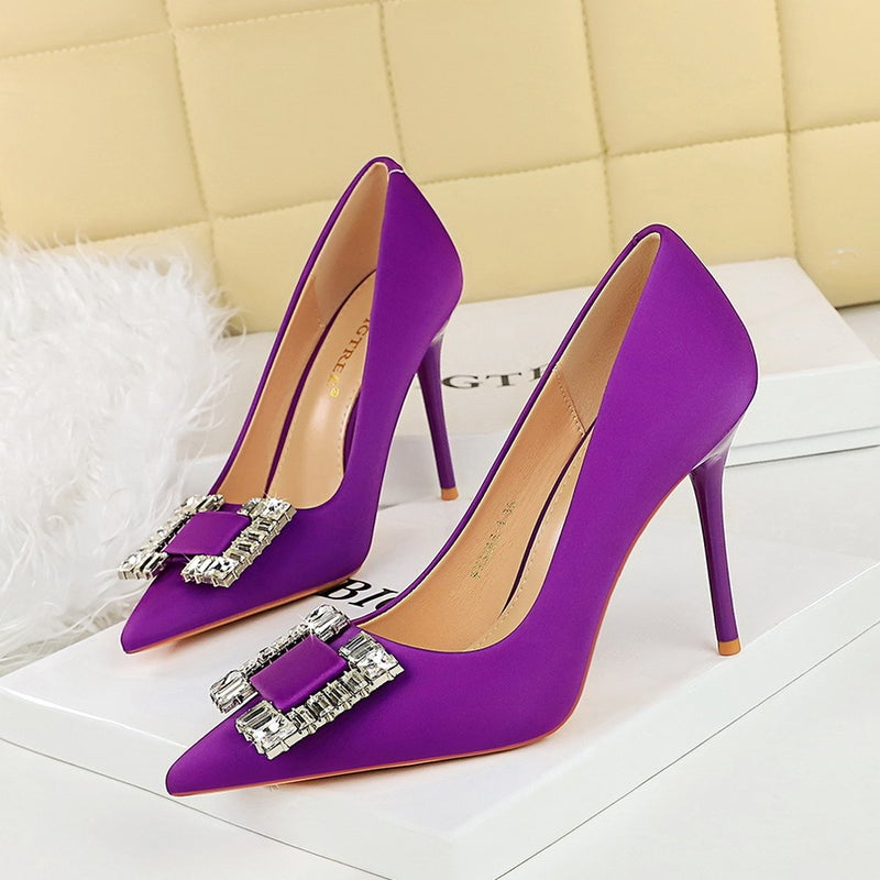 3265-K75 Fashion High Heels Stiletto Silks And Satins Shallow Mouth Square Buckle Sparkling Rhinestone Pointed Toe High-Heeled Shoes - Image 3