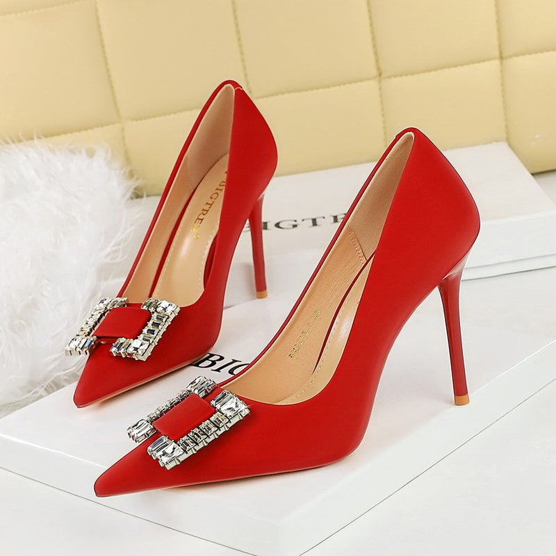 3265-K75 Fashion High Heels Stiletto Silks And Satins Shallow Mouth Square Buckle Sparkling Rhinestone Pointed Toe High-Heeled Shoes - Image 2