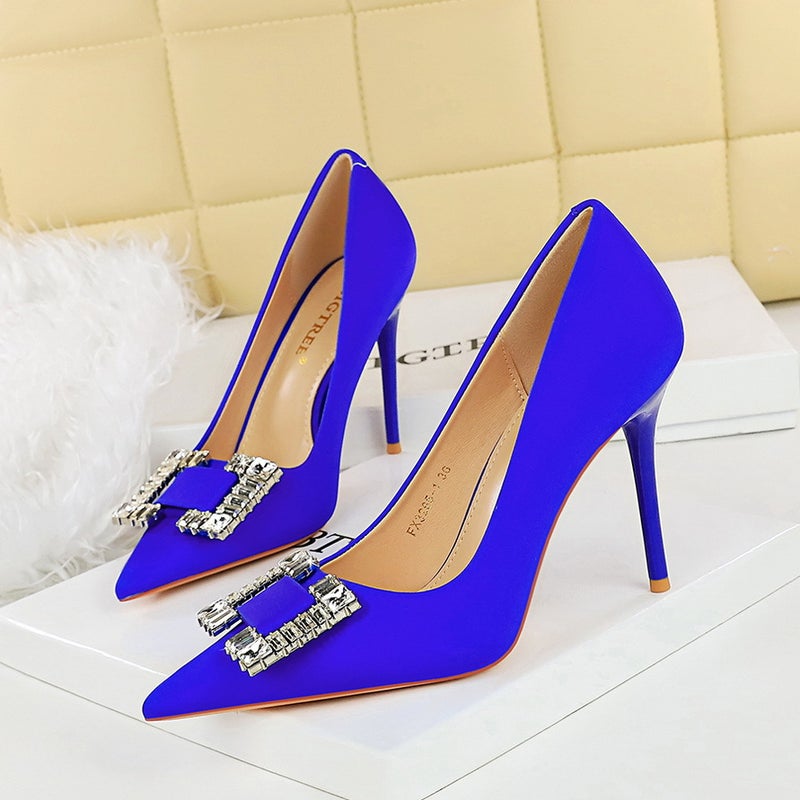 3265-K75 Fashion High Heels Stiletto Silks And Satins Shallow Mouth Square Buckle Sparkling Rhinestone Pointed Toe High-Heeled Shoes - Image 4