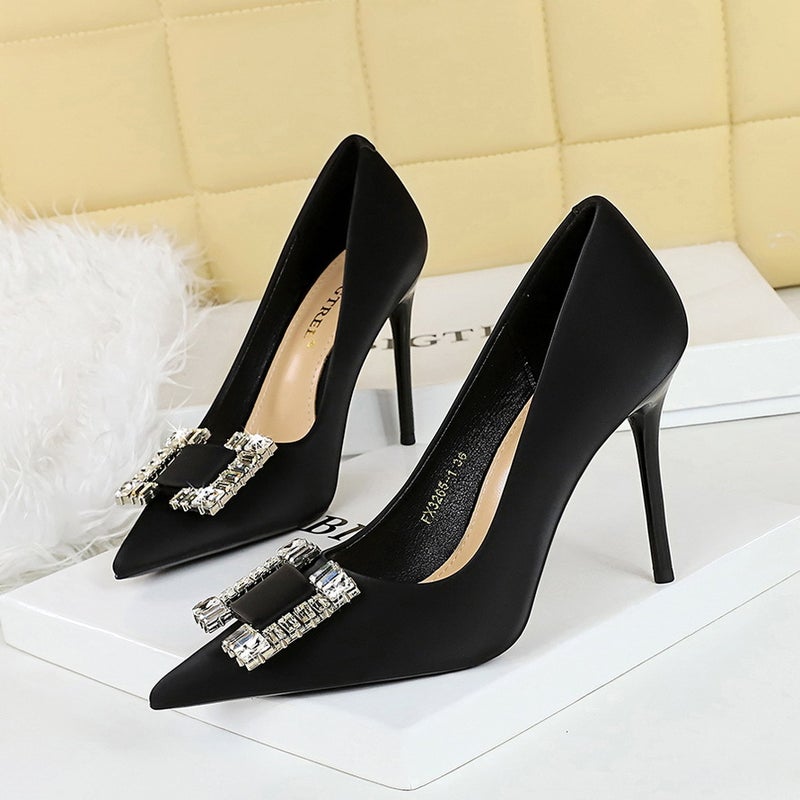 3265-K75 Fashion High Heels Stiletto Silks And Satins Shallow Mouth Square Buckle Sparkling Rhinestone Pointed Toe High-Heeled Shoes - Image 5