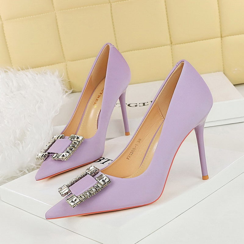 3265-K75 Fashion High Heels Stiletto Silks And Satins Shallow Mouth Square Buckle Sparkling Rhinestone Pointed Toe High-Heeled Shoes - Image 1