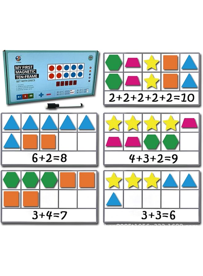 إيروريكس مجموعة إطارات مغناطيسية مكونة من 5 إطارات متينة مكونة من عشرة إطارات + 50 عدادًا ملونًا، ألعاب رياضيات للأطفال، مجموعة أدوات رياضية للجمع والطرح لمعلمي رياض الأطفال والمرحلة الابتدائية في المنزل - Image 5