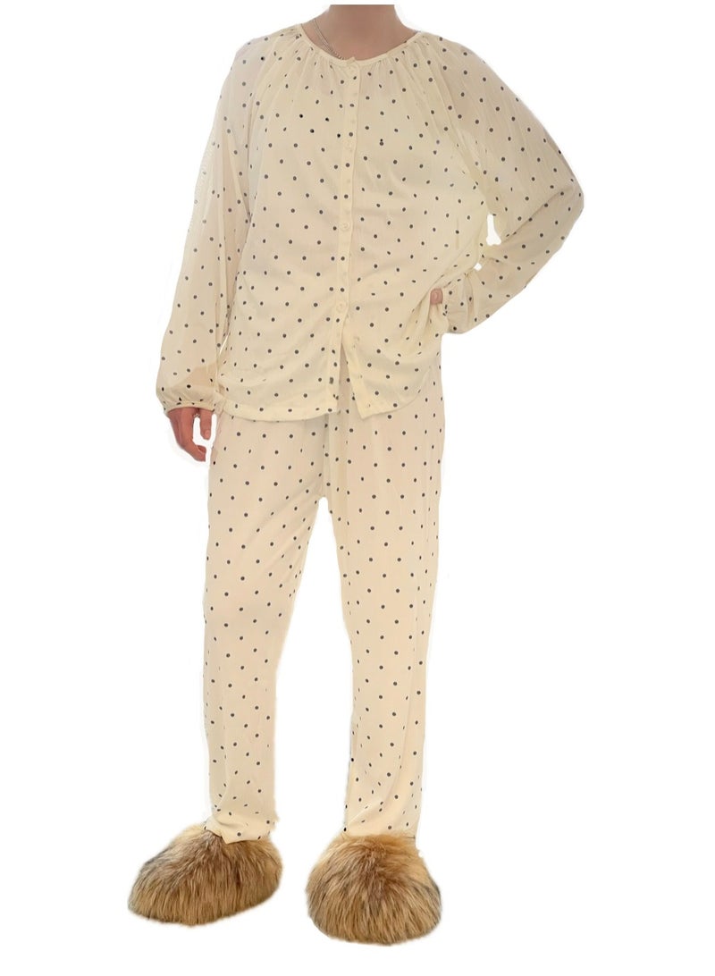 SOLOBUY Loose Fit Pajamas In Black Polka Dots, Color Milky White, With Buttons, Long Sleeves, Long Pants  - Image 1