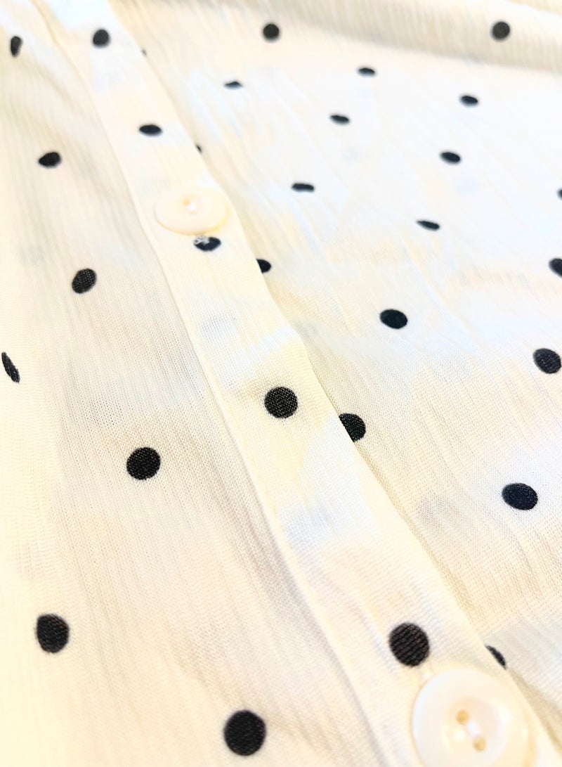 SOLOBUY Loose Fit Pajamas In Black Polka Dots, Color Milky White, With Buttons, Long Sleeves, Long Pants  - Image 2