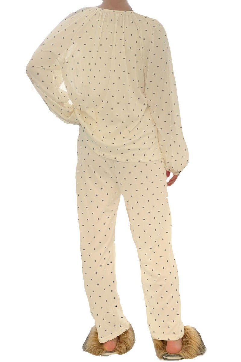 SOLOBUY Loose Fit Pajamas In Black Polka Dots, Color Milky White, With Buttons, Long Sleeves, Long Pants  - Image 5