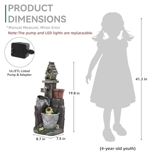 Ultym 20" Bucket Birdhouse Outdoor Fountain, 3-Tier Pastoral Water Feature with LED Lights, Resin Soothing Cascading Waterfall for Patio, Backyard, Garden or Porch - Image 3