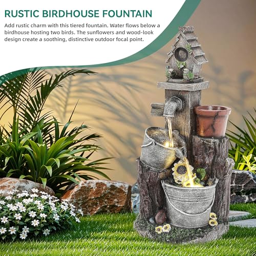 Ultym 20" Bucket Birdhouse Outdoor Fountain, 3-Tier Pastoral Water Feature with LED Lights, Resin Soothing Cascading Waterfall for Patio, Backyard, Garden or Porch - Image 4