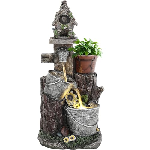 Ultym 20" Bucket Birdhouse Outdoor Fountain, 3-Tier Pastoral Water Feature with LED Lights, Resin Soothing Cascading Waterfall for Patio, Backyard, Garden or Porch - Image 2