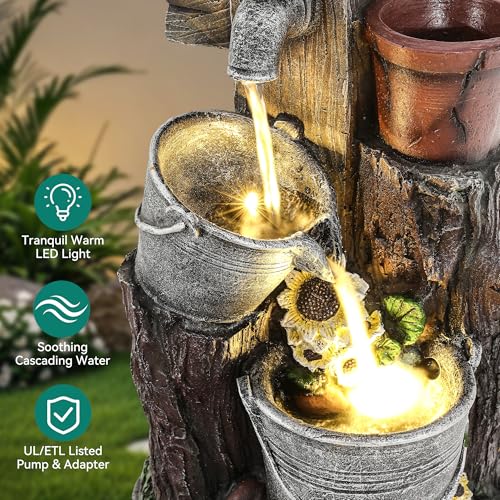 Ultym 20" Bucket Birdhouse Outdoor Fountain, 3-Tier Pastoral Water Feature with LED Lights, Resin Soothing Cascading Waterfall for Patio, Backyard, Garden or Porch - Image 5