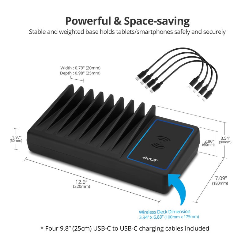 AVLT 150W 10 Port USB-A USB-C with Qi Wireless Charging Station for Multiple Devices Compatible with iPhone iPad AirPods Smartphone Tablet Organizer Includes 4 USB-C to USB-C Charging Cables - Black - Image 3