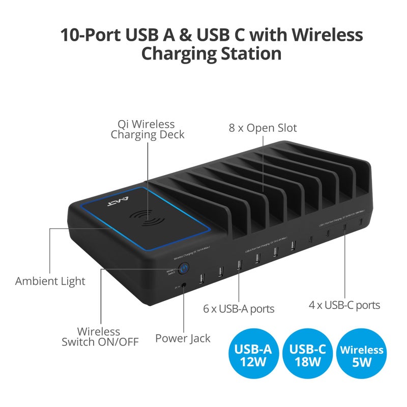 AVLT 150W 10 Port USB-A USB-C with Qi Wireless Charging Station for Multiple Devices Compatible with iPhone iPad AirPods Smartphone Tablet Organizer Includes 4 USB-C to USB-C Charging Cables - Black - Image 2