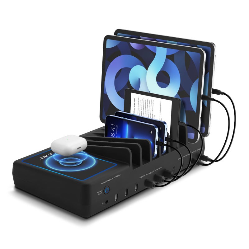 AVLT 150W 10 Port USB-A USB-C with Qi Wireless Charging Station for Multiple Devices Compatible with iPhone iPad AirPods Smartphone Tablet Organizer Includes 4 USB-C to USB-C Charging Cables - Black - Image 1