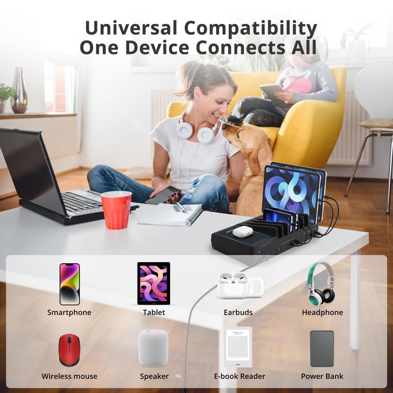 AVLT 150W 10 Port USB-A USB-C with Qi Wireless Charging Station for Multiple Devices Compatible with iPhone iPad AirPods Smartphone Tablet Organizer Includes 4 USB-C to USB-C Charging Cables - Black - Image 5