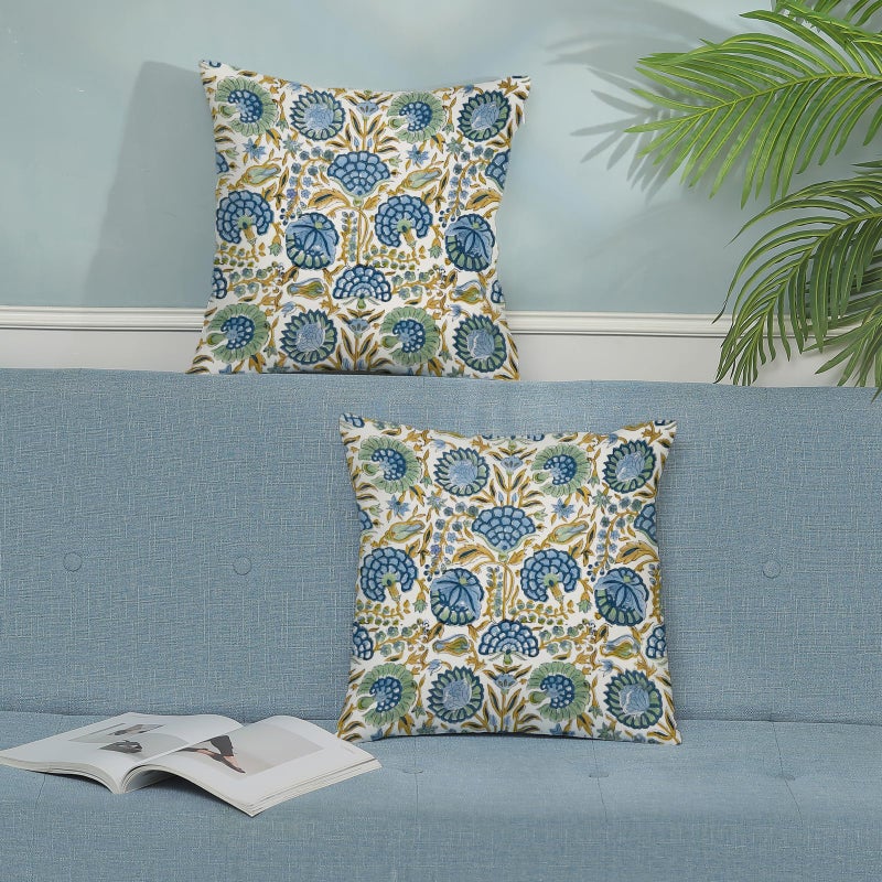 DAFENA Boho Pillow Covers 18x18 Inch 2 Pcs Blue Yellow Green Vintage Floral Decor Throw Pillows Block Print Flower Outdoor Farmhouse Decoration Pillowcase Cotton Cushion Cover for Couch Sofa - Image 3