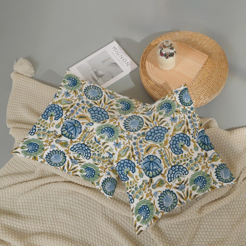 DAFENA Boho Pillow Covers 18x18 Inch 2 Pcs Blue Yellow Green Vintage Floral Decor Throw Pillows Block Print Flower Outdoor Farmhouse Decoration Pillowcase Cotton Cushion Cover for Couch Sofa - Image 5